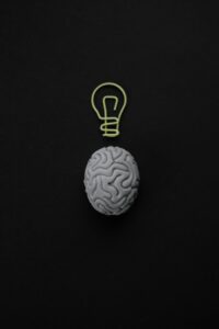 Model brain with lightbulb symbolizing innovation