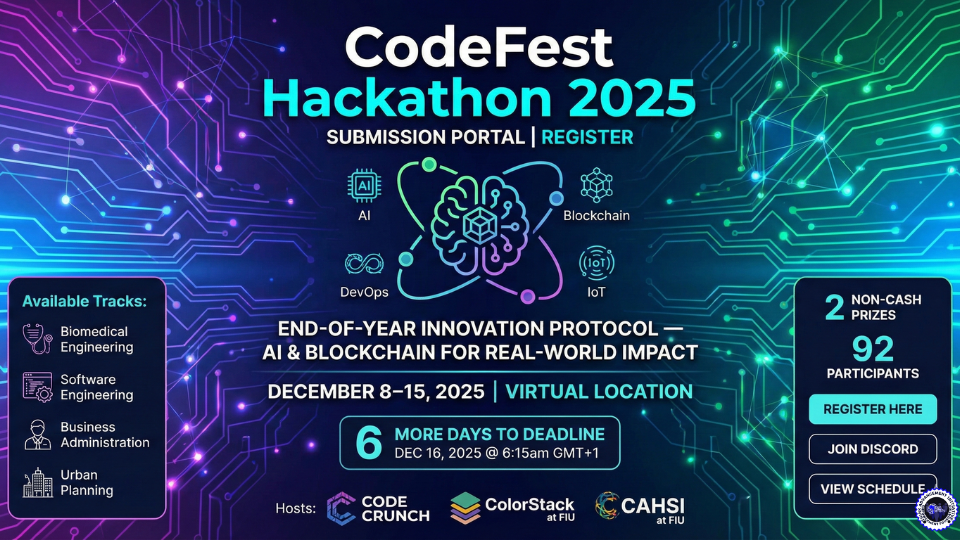 CodeFest Hackathon 2025 promotional banner displaying the theme "End-of-Year Innovation Protocol," virtual event details for December 8-15, 2025, available tracks, and a countdown showing 6 days to the December 16 deadline
