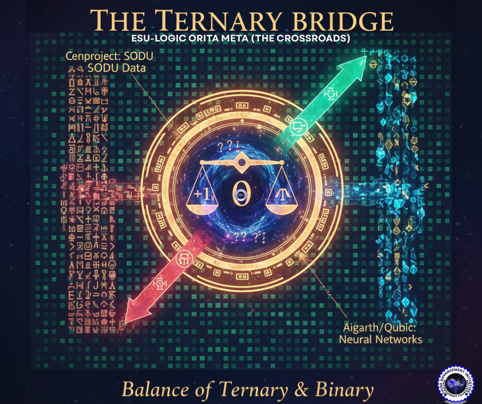 A high-tech digital diagram featuring a central golden compass representing the Orita Meta (Crossroads). In the center, a large '0' is balanced between a '+1' and a '-1' on a scale. To the left, columns of glowing SODU/Ifá glyphs rise upward, while on the right, a shimmering blue network of Aigarth/Qubic neural pathways flows. The background is a deep slate 26 \times 26 grid of computational agents.