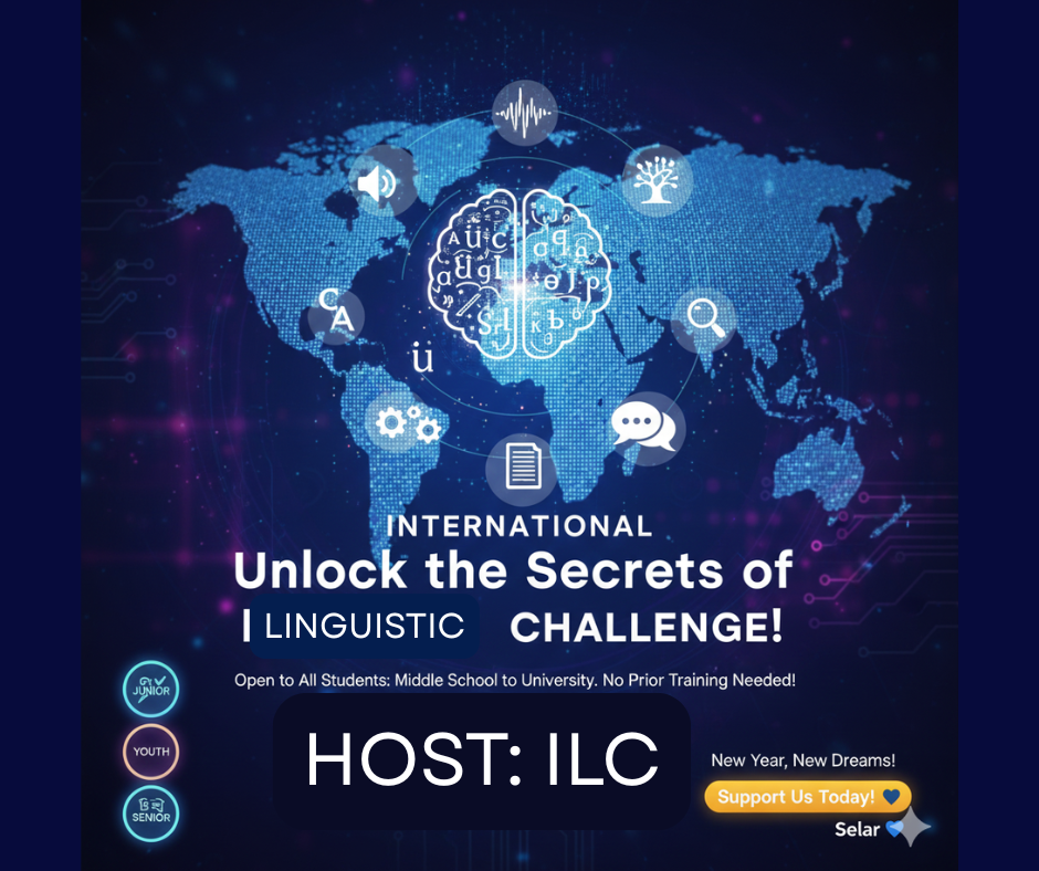 Global map background with brain icon and linguistic symbols, promoting the International Linguistic Challenge (ILC) for all students.
