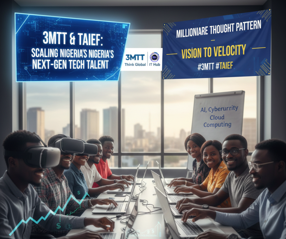 3MTT & TAIEF: Scaling Nigeria’s Next-Gen Tech Talent A group of diverse young Nigerian tech professionals at the Think Global IT Hub using laptops and VR headsets, featuring 3MTT and TAIEF branding with the slogan "Vision to Velocity: Scaling Nigeria’s Next-Gen Tech Talent."