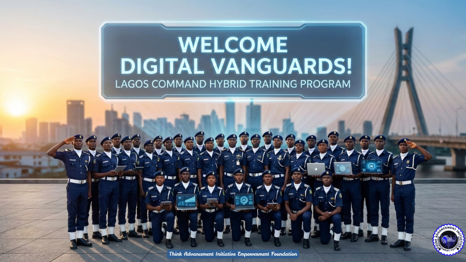 43 Lagos Man O' War Comrades Join Digital Vanguard AI 43 Man O' War Nigeria comrades in Lagos Command uniform standing together with laptops and tablets for the Digital Vanguard AI hybrid training launch.