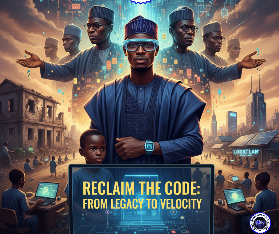 A digital illustration titled "Reclaim the Code: From Legacy to Velocity" featuring a central figure in traditional Yoruba attire with modern tech glasses and a smartwatch, flanked by spectral figures of Chief Obafemi Awolowo in his signature cap and glasses. In the foreground, children of the Alpha Generation work on laptops in a "Logic Lab" setting, symbolizing the transition from historical legacy to future technological execution.