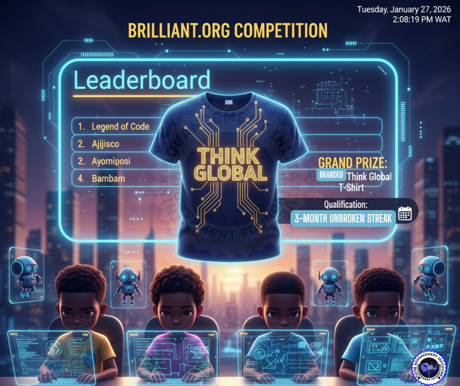 🏆 ANNOUNCEMENT: THE QUEST FOR THE "THINK GLOBAL" T-SHIRT! 🏆 Four young African children ages 7 to 13 focused on glowing holographic laptops, with a floating 'Think Global' T-shirt and a leaderboard showing Legend of Code, Ajijisco, Ayomiposi, and Bambam