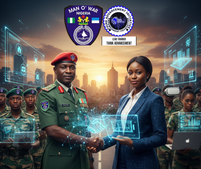 🛡️ Digital Vanguard: Nigeria’s First Digital AI Intelligence Force A high-tech collaboration between TAIEF and Man O' War Nigeria showing an officer and a female tech leader shaking hands amidst futuristic digital holographic interfaces and AI data overlays in a modern Nigerian city.