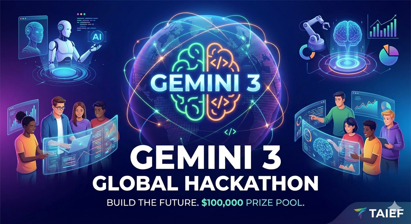 TAIEF promotional image for the Google DeepMind Gemini 3 Global Hackathon. Features the glowing Gemini 3 logo, text "BUILD THE FUTURE. $100,000 PRIZE POOL," and diverse teams of developers working on futuristic AI, robotics, and data applications on global networks.