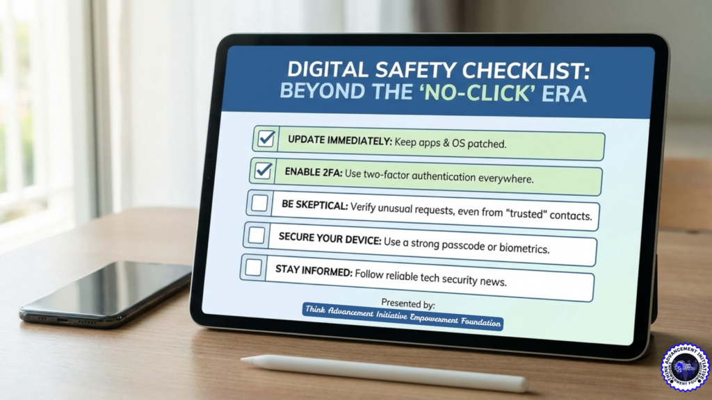 TAIEF Digital Safety Checklist infographic displayed on a tablet, detailing steps to protect against zero-day and "no-click" spyware threats.