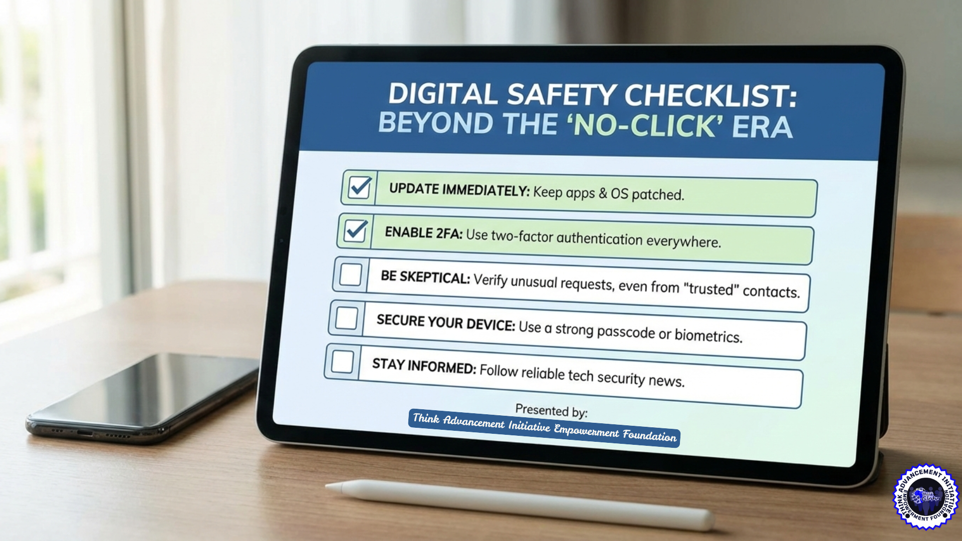 TAIEF Digital Safety Checklist infographic displayed on a tablet, detailing steps to protect against zero-day and "no-click" spyware threats.