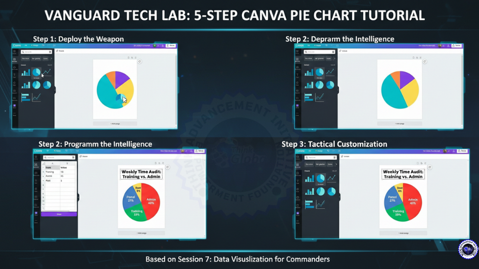 A high-tech composite banner for the TAIEF Digital Vanguard Session 7, featuring a 5-step Canva tutorial for creating a tactical pie chart. The image shows the Canva UI, data entry panels for "Training vs. Admin" hours, and the final high-contrast visualization.