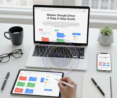 A laptop and tablet on a clean white desk showing a Google Drive tutorial titled 'Master Google Drive: A Step-by-Step Guide' with colorful folders and a sharing menu.