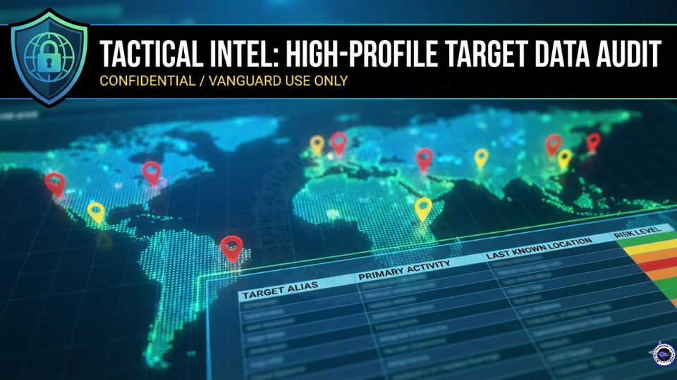A high-tech digital banner titled 'Tactical Intel: High-Profile Target Data Audit' showing a holographic world map with red heat-map pins, a structured data table for tracking aliases and risk levels, and a TAIEF security shield logo.