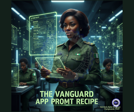 A high-tech digital art piece featuring a female Vanguard officer in a professional green tactical uniform holding a glowing holographic tablet. The screen displays the "App Prompt Recipe" logic. In the background, a dark, futuristic command center shows other personnel working on digital interfaces. Bold text at the bottom reads "THE VANGUARD APP PROMPT RECIPE."