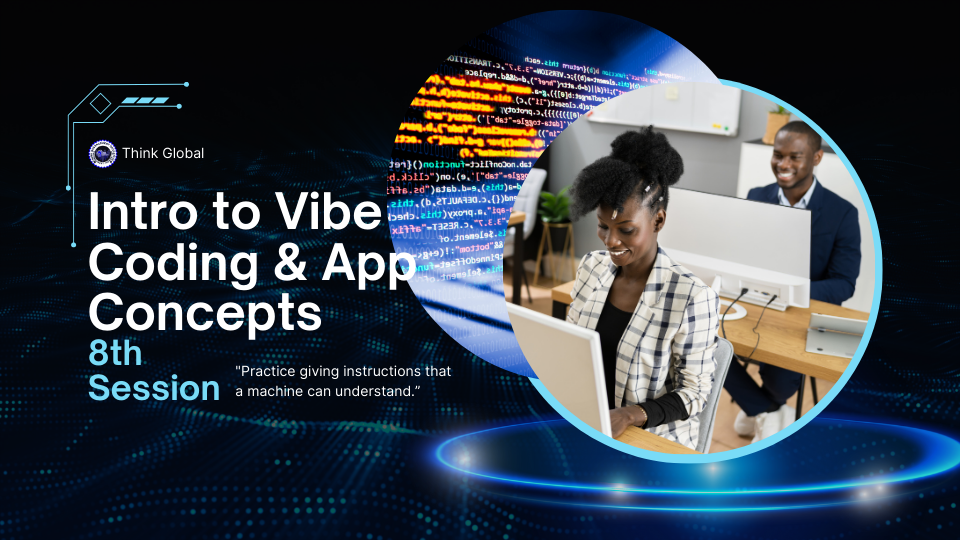 An educational infographic for Digital Vanguard Session 8 titled 'Intro to Vibe Coding & App Concepts' featuring the transition from traditional coding to AI-driven Vibe Coding, the anatomy of an app concept, and wireframing blueprints for Man O' War Nigeria.