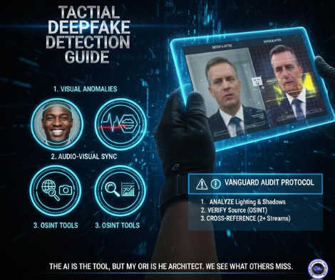 Digital Vanguard OSINT guide showing a Black man’s hands holding a tablet analyzing deepfake photos and videos with high-tech UI overlays and the Vanguard Audit Protocol checklist.