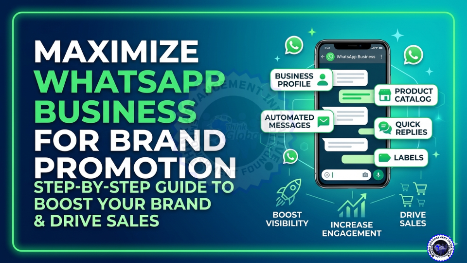 Infographic showing how to maximize WhatsApp Business for brand promotion featuring icons for Business Profile, Catalog, Automated Messages, and Quick Replies.