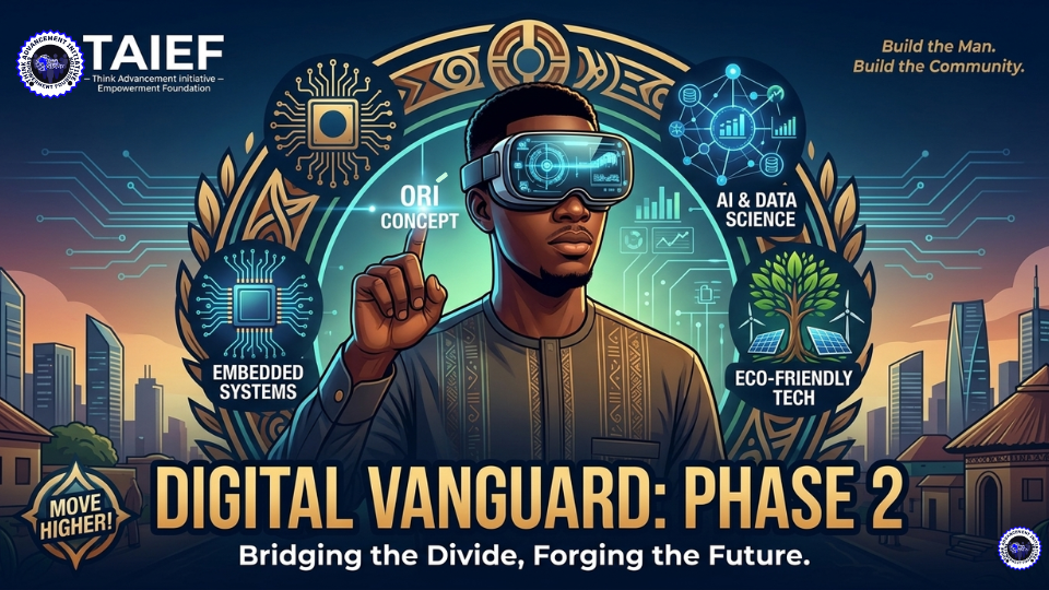 A futuristic digital vanguard wearing a VR headset, surrounded by icons for AI, Data Science, Embedded Systems, and Eco-friendly Tech, set against a backdrop of modern and traditional African architecture.