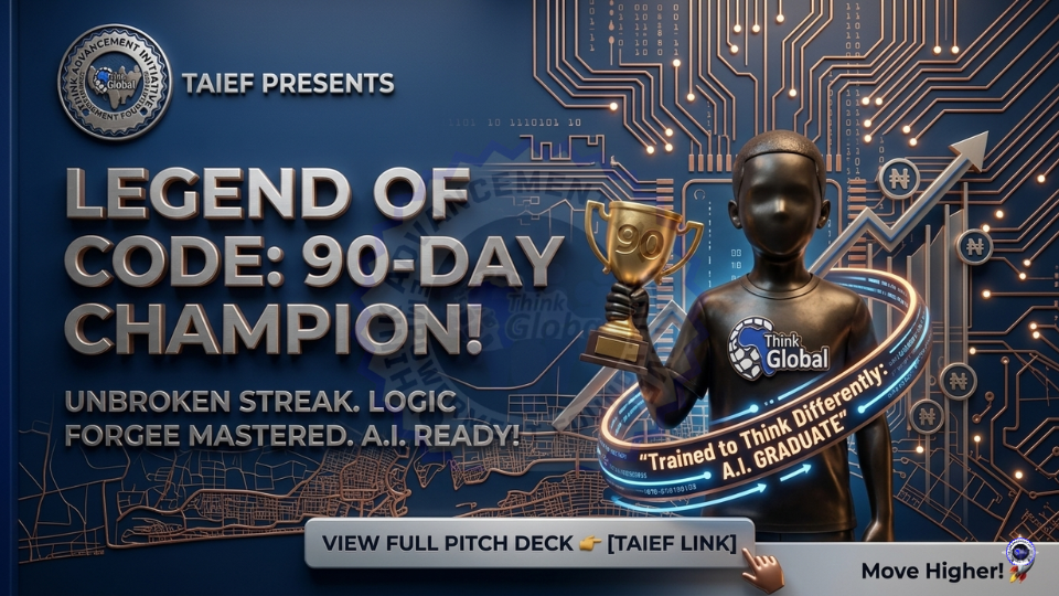 A 3D-rendered victory banner featuring a young Nigerian boy as the TAIEF Legend of Code 90-Day Challenge champion, holding a trophy with digital AI logic circuits and Nigerian Naira currency icons.