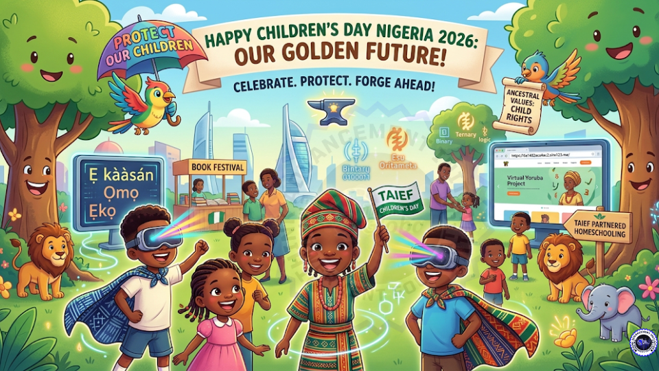 Children’s Day 2026: Reclaiming Our Future – Protecting African Children Through Ancestral Wisdom & Modern Education Illustration celebrating Children's Day Nigeria 2026 with TAIEF: happy African children engaging with technology, an interface for a virtual Yoruba language class, book festival symbols, and icons representing ancestral values and homeschooling.