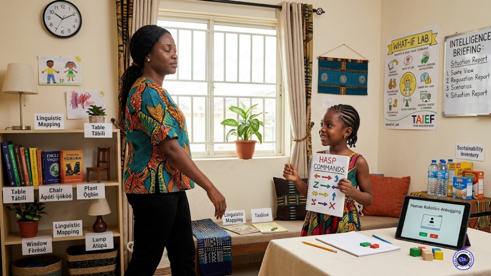 An African mother and daughter engaged in a home-based learning session using the TAIEF Home-Guard Academic & Safety Protocol (HASP), featuring a human robotics coding exercise and Yoruba language learning labels.