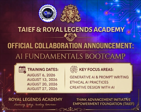 Empowering the Next Generation: TAIEF and Royal Legends Academy Launch AI Fundamentals Bootcamp in Ikorodu Official collaboration banner for TAIEF and Royal Legends Academy AI Fundamentals Bootcamp, displaying training dates for August 2026 and core focus areas.
