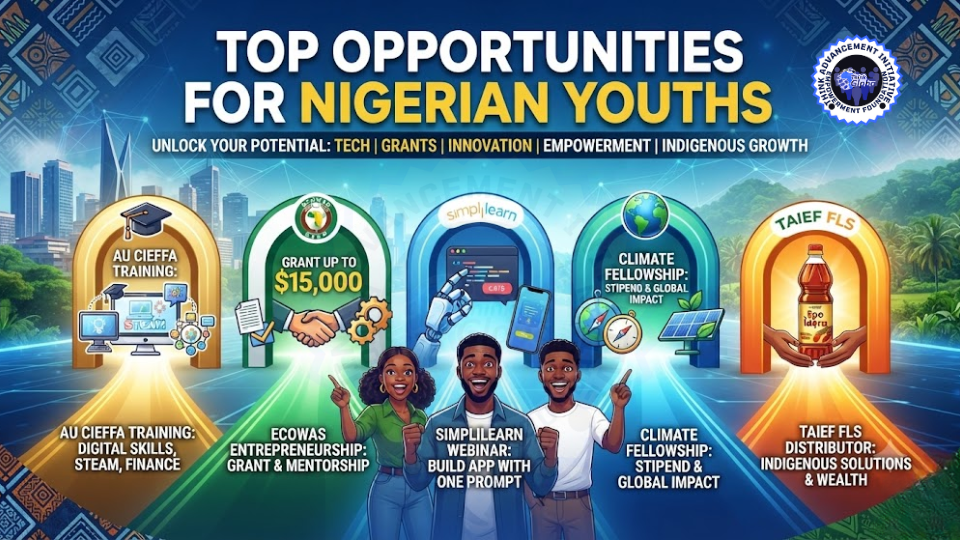 Top Opportunities for Nigerian Youths Infographic highlighting top opportunities for Nigerian youths, featuring AU CIEFFA training, ECOWAS grants, Simplilearn AI webinars, climate fellowships, and TAIEF FLS Epo Idera distribution.