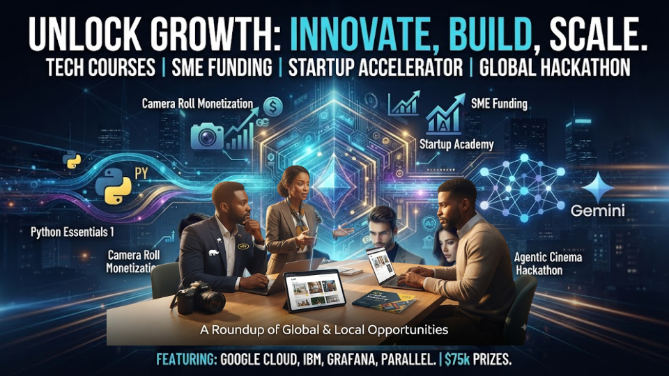 A professional, futuristic infographic titled "UNLOCK GROWTH" featuring a diverse team collaborating on holographic tech interfaces, outlining programs like Python courses, SME funding, startup accelerators, and the Agentic Cinema Hackathon with major partners.