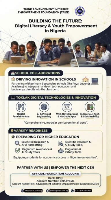 Infographic flier for Think Advancement Initiative Empowerment Foundation (TAIEF) highlighting school collaborations, TokLak digital tech curriculum, and varsity readiness courses in Nigeria.
